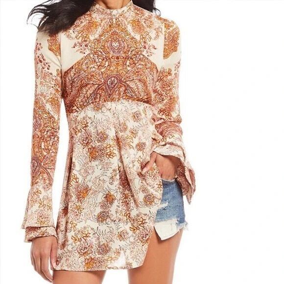 Free People Lady Luck Floral Hippie Boho Tunic Mini Dress XS - Picture 2 of 8